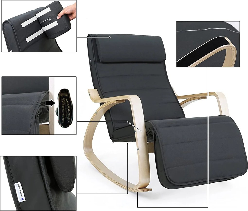 Hojdacie kreslo, relaxačné kreslo, opierka nôh nastaviteľná v 5 stupňoch, šedé