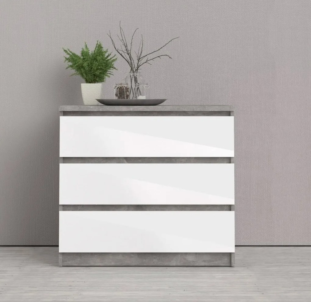 Komoda Simplicitous III betón/biela lesk