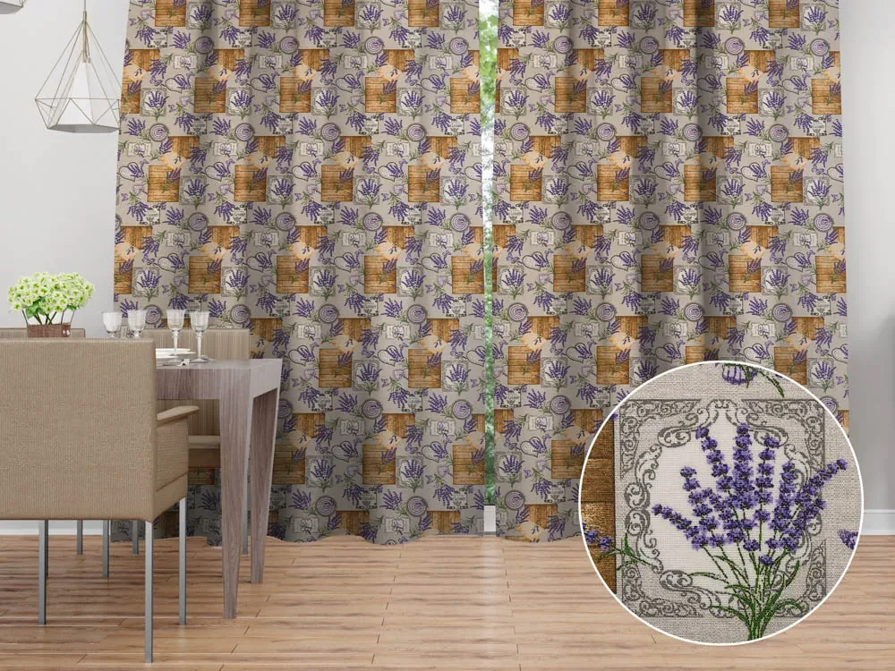 Biante Dekoračný záves PML-099 Levandule s motýlikmi a srdiečkami na béžovom 145x230 cm