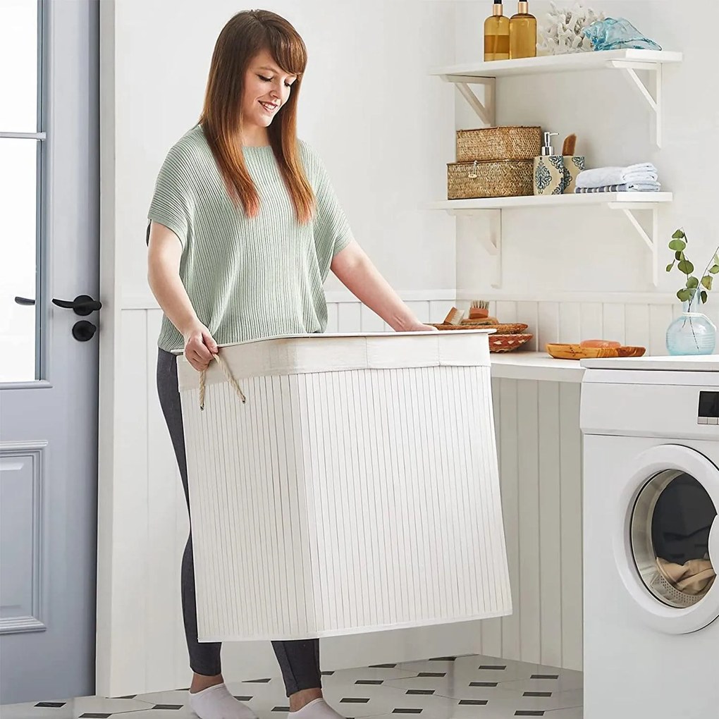Bambusový kôš na bielizeň 150 L, 3 priehradky, biely
