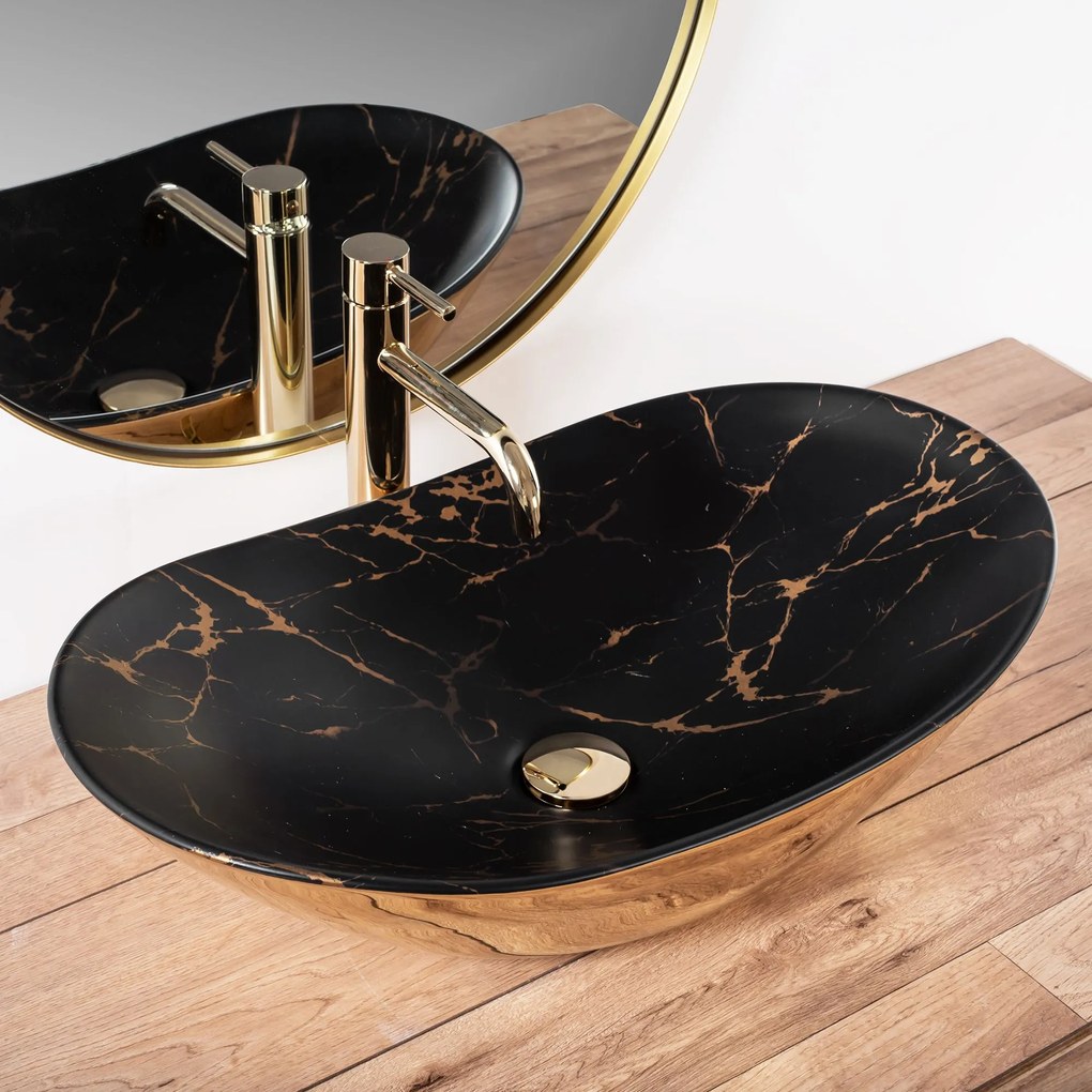 Rea Royal Black Marble Gold, umývadlo na dosku 605x360x150 mm, imitácia kameňa Marble čierna-zlatá, REA-U8008