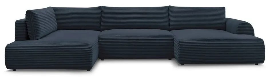 Tmavomodrá menčestrová rozkladacia/s úložným priestorom rohová pohovka (ľavý roh/do tvaru "U") Lucien – Bobochic Paris