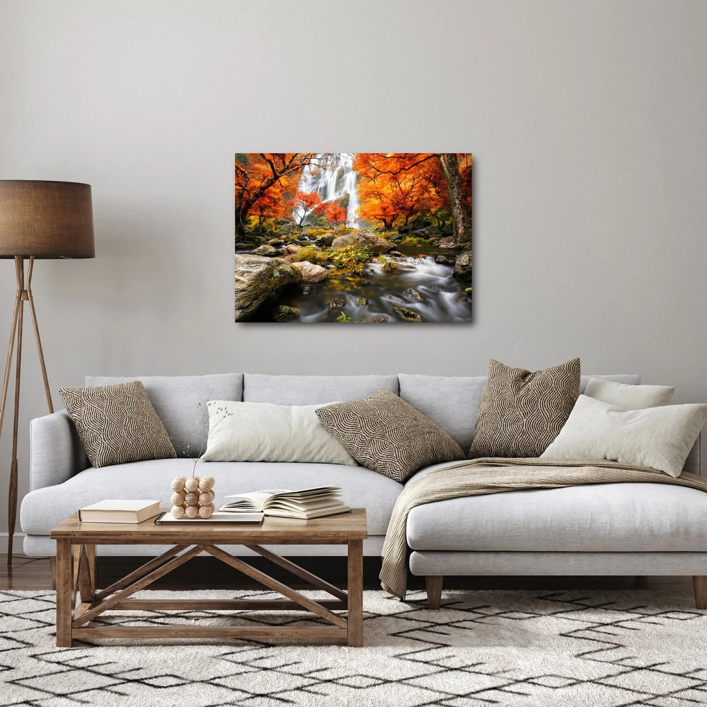 Obraz - Vodopády v jesennej krajine, oranžový (70x50 cm)