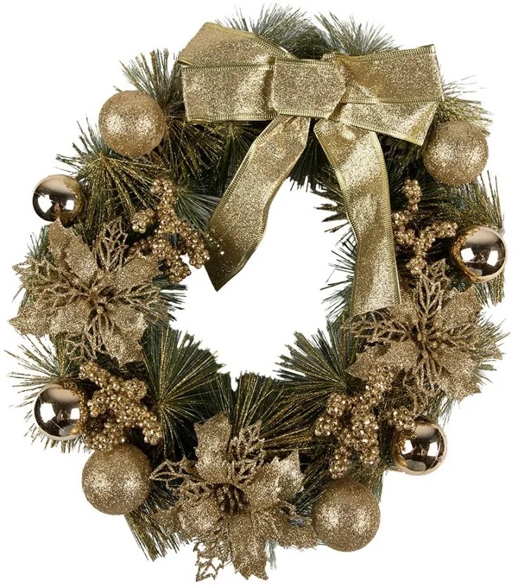 Zeleno-zlatý vianočný veniec s mašľou a guľami Christmas Wreath - Ø 40*10 cm
