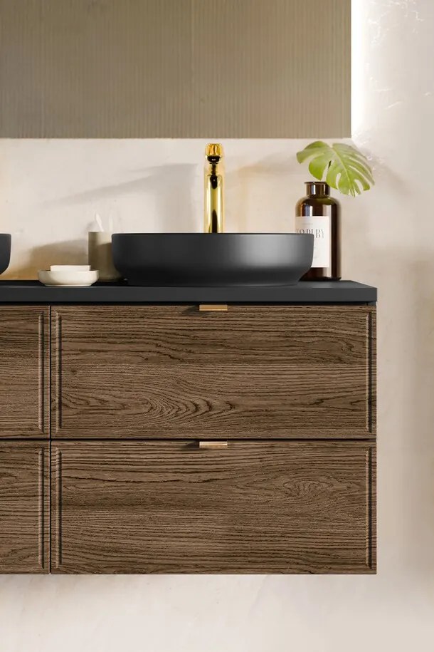 Koupelnová sestava Talia Casella s deskou, umyvadlem, skříňkami a zrcadlem 80 cm černá mat/dub casella