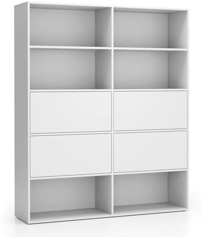 PLAN Široký kancelársky policový regál LAYERS, 4 boxy, 1582 x 400 x 1905, biela
