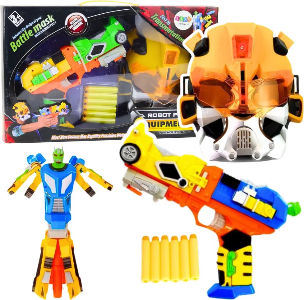 LEAN Toys Penová pištoľ Robot 2v1 s maskou a 6 šípkami