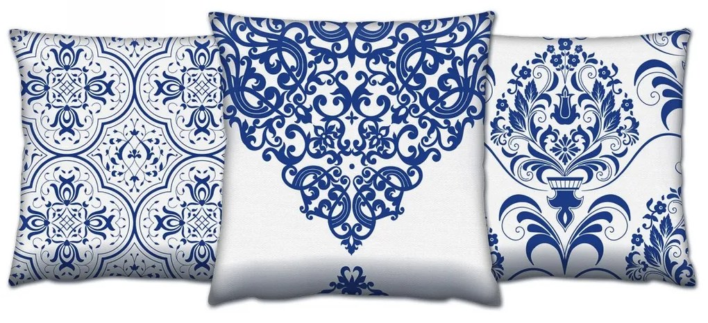 Súprava vzorovaných vankúšov VAPO 3 ks 43x43 cm biela/modrá