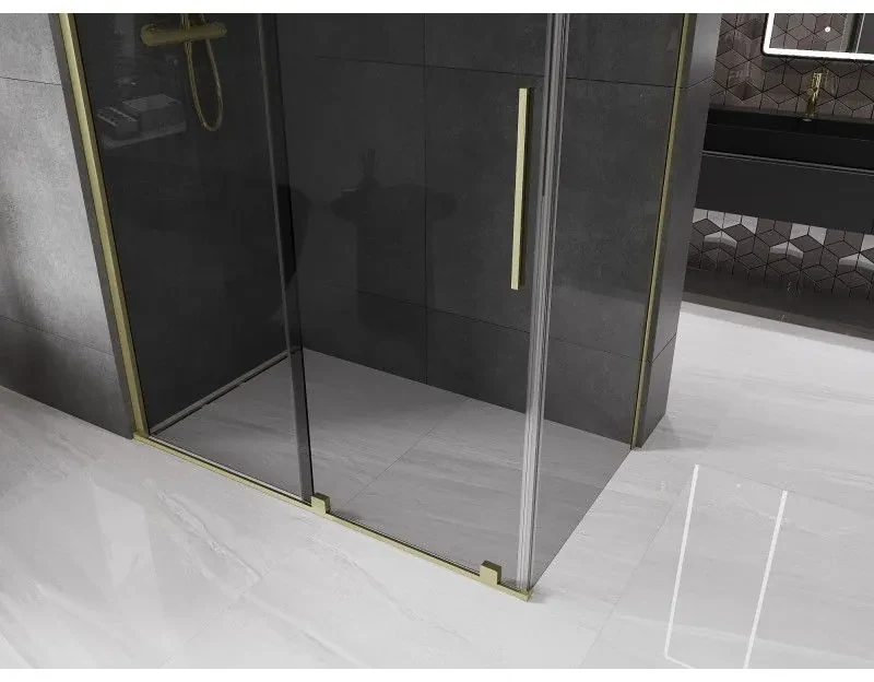 Mexen Velar, sprchový kút s posuvnými dverami 160 x 90 cm, 8mm šedé sklo, zlatá matná, 871-160-090-41-55