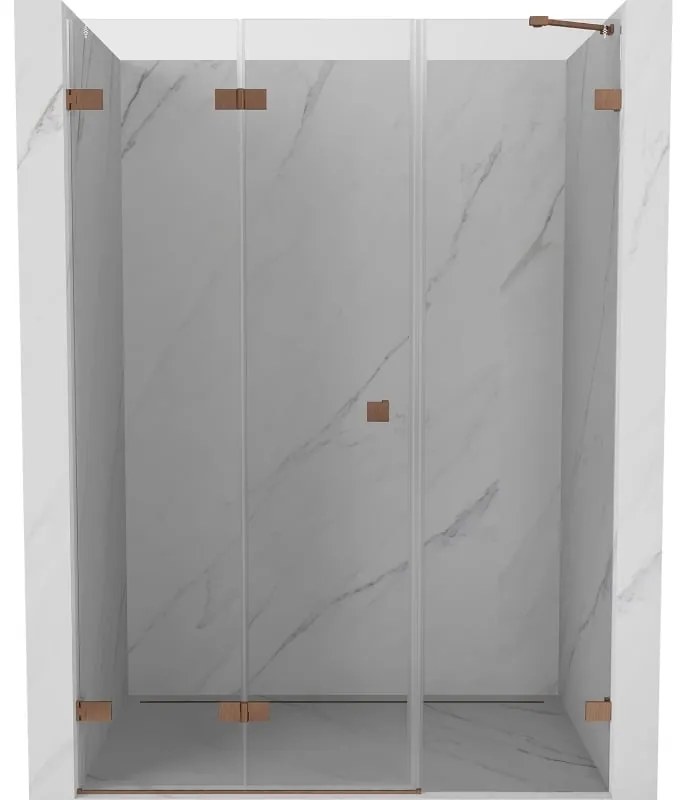 Mexen Lunar-F, ľavé skladacie sprchové dvere 145 cm, 8mm číre sklo, medený matný profil, 836S-145-050-65-00-L