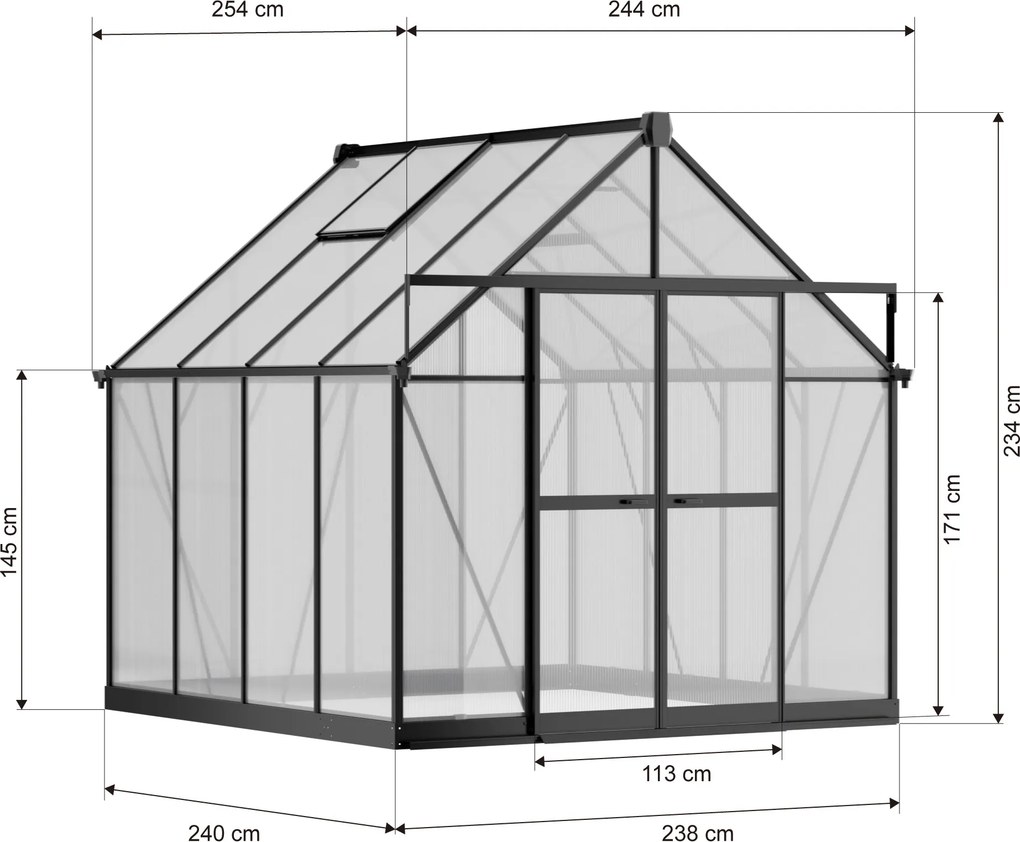 Skleník 234 × 244 × 254 cm, zosilnená konštrukcia, polykarbonát 6 mm