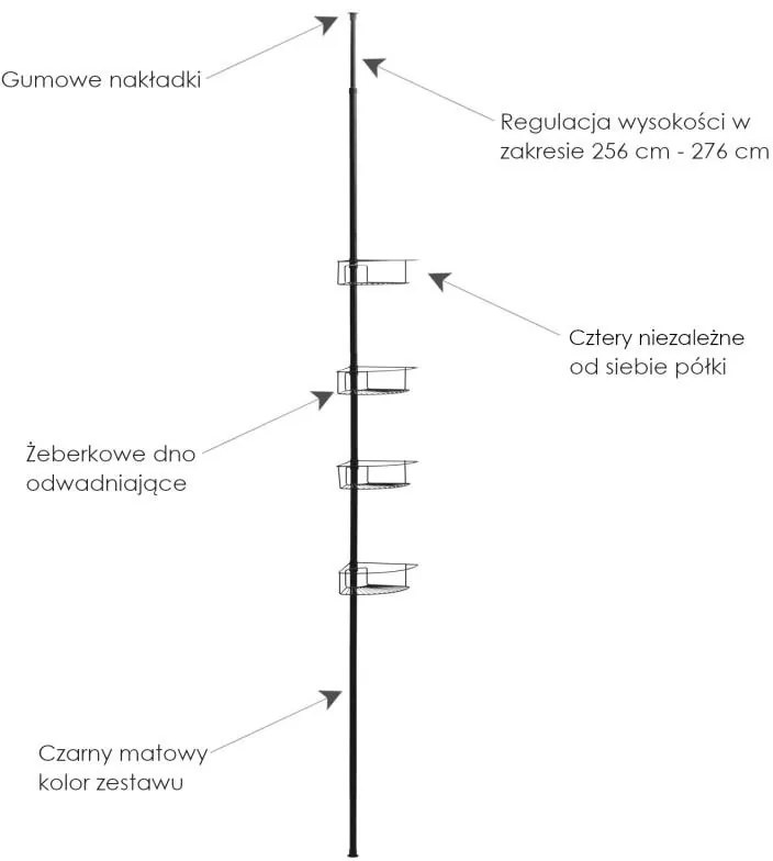 Erga Scopic, rohová teleskopická sprchová tyč 4 policová XL, čierna matná, ERG-YKA-CH.SCOPIC-XL-BLK