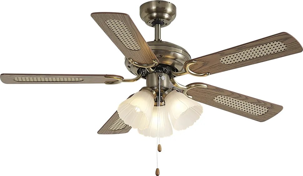 Mosadzný stropný ventilátor s potlačou dreva a ratanom 105 cm s ťahovým spínačom - Mistral Lia