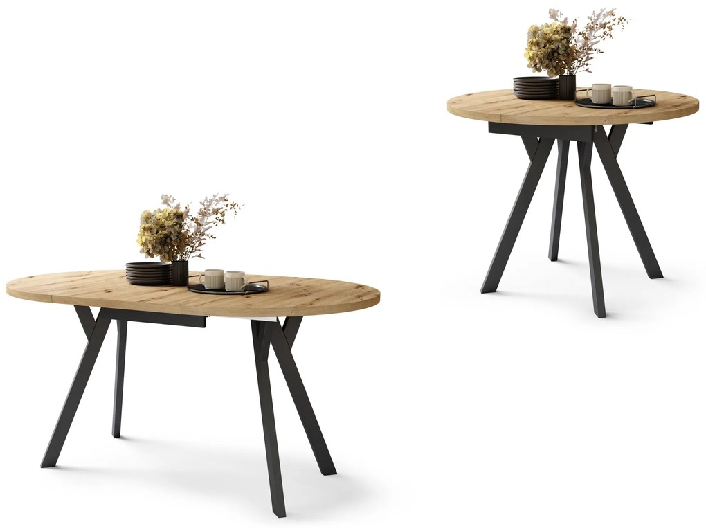 ALMO Dub Artisan/čierne nohy - OKRÚHLY LOFTOVÝ/INDUSTRIÁLNY ROZKLADACÍ STÔL DO OBÝVAČKY/JEDÁLNE