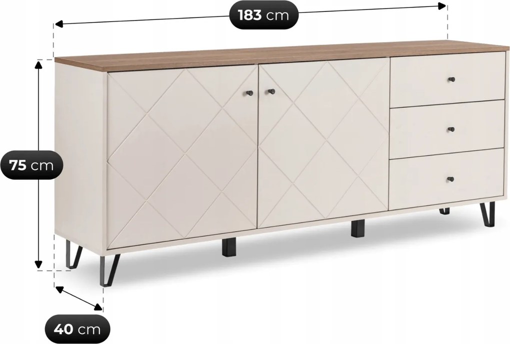 Vintino Komoda CELIA – 183 cm, kašmír/dub Castello