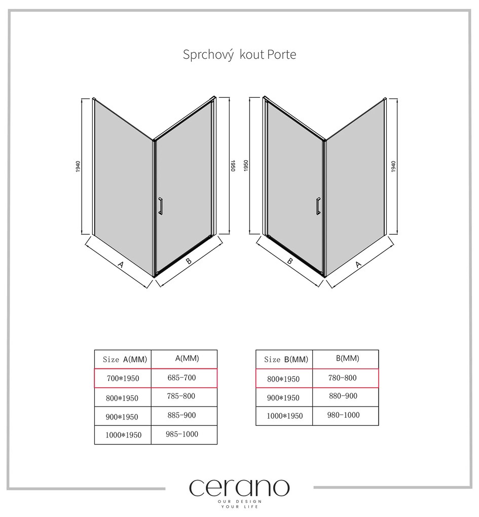 Cerano Porte, 1-krídlový sprchovací kút 80x70 cm, 8mm číre sklo, čierny profil, CER-CER-413546