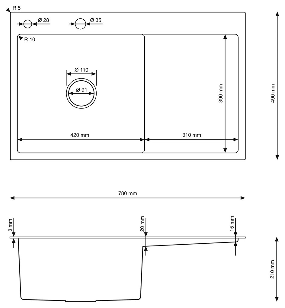 Erga HD, 1-komorový oceľový drez 780x490x210 mm, ľavý, zlatá, ERG-MLS-HD7849LG