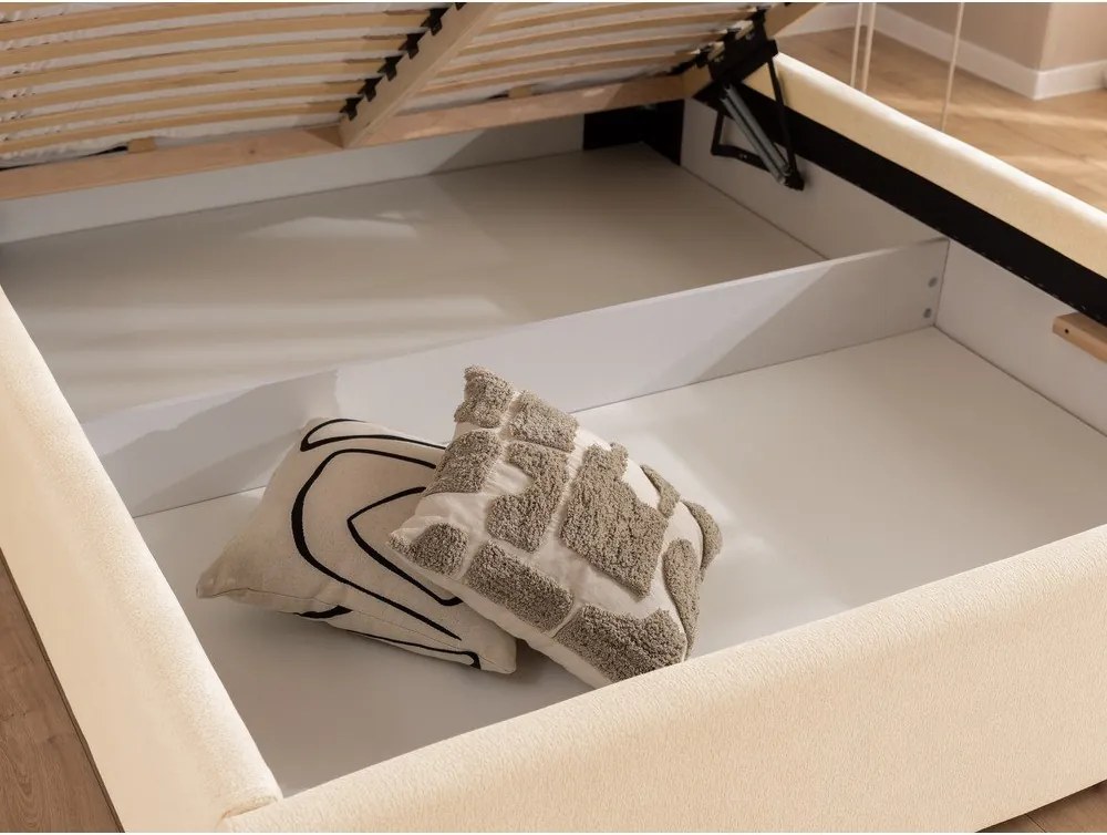 Krémová čalúnená dvojlôžková posteľ s úložným priestorom s roštom 160x200 cm Cille – Ropez