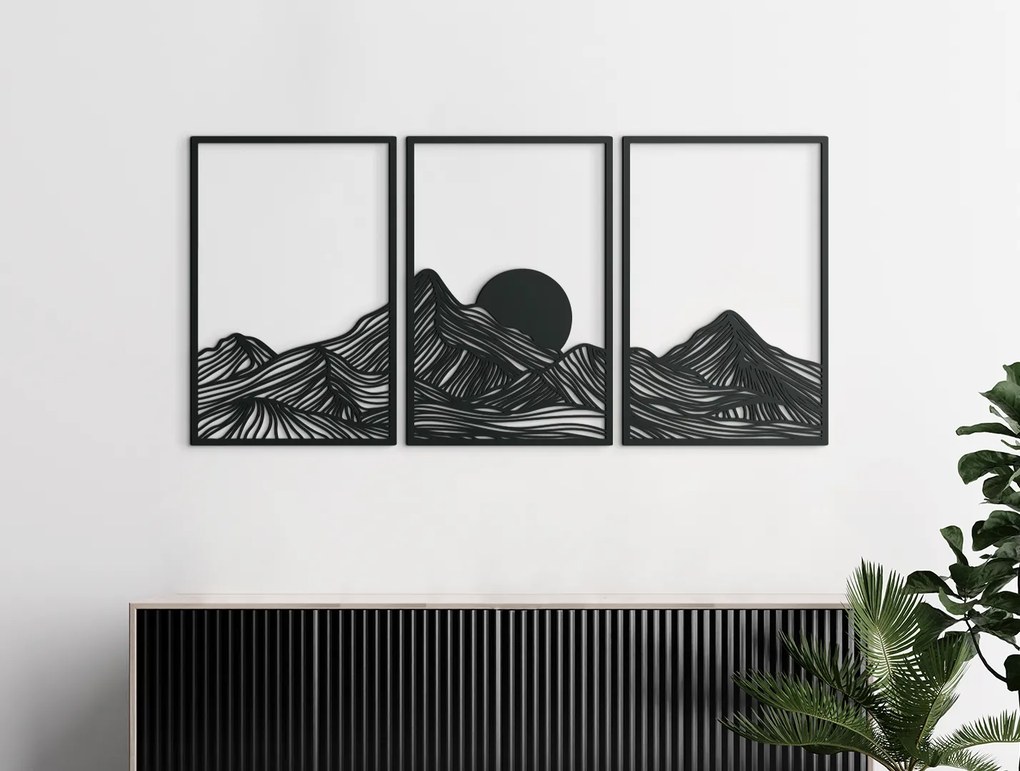 drevko Viacdielny obraz Minimalistické hory pri západe slnka Rozmer obrazu: 64,5 x 133 cm, Farba dekorácie: Čierna
