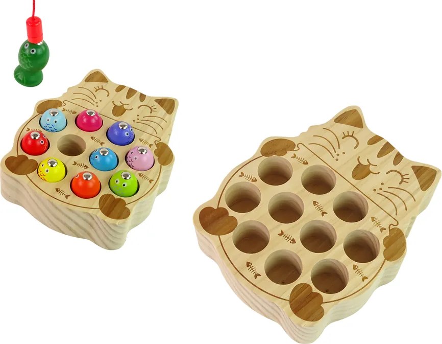 LEAN Toys Drevená hra na zručnosť chytanie rybičiek 2 prúty mačiatko