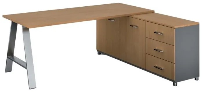 Rohový kancelársky písací stôl PRIMO STUDIO, skrinka vpravo, 1800 x 800 mm, sivá / buk