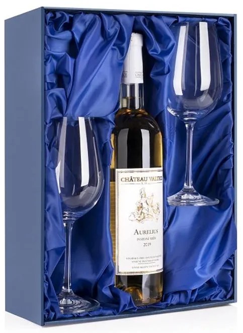 Darčeková krabička na fľašu a 2 vínne poháre Výstielka: modrý satén