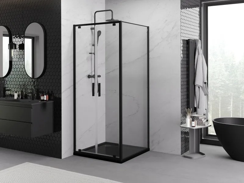 Mexen Exo, výklopná sprchová kabína, dvere 110 cm + bočná stena 110 cm, transparentné sklo, čierna, 8182-110-110-70-00