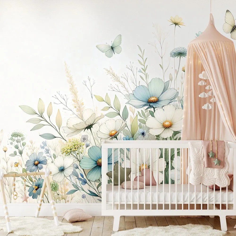 Samolepiaca tapeta pastelové lúčne kvety a lietajúce motýle