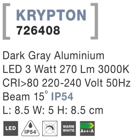 Vonkajšie LED svietidlo Krypton B 85 tmavo sivé