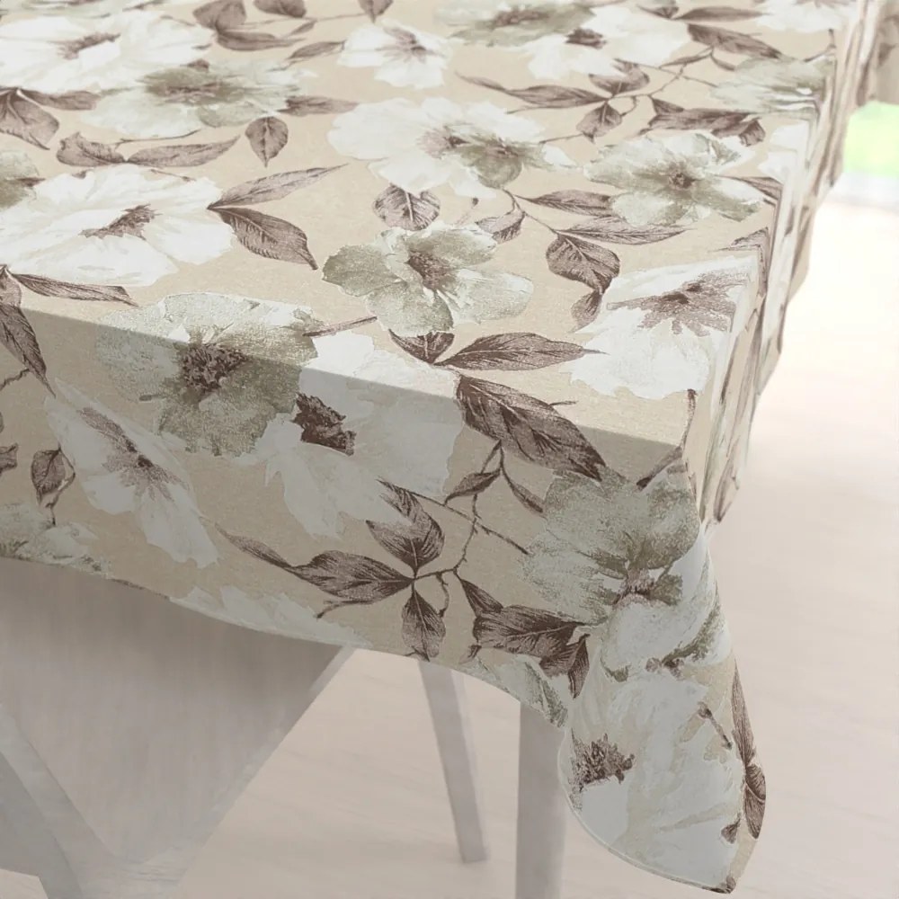Biante Dekoračný obdĺžnikový obrus Porto PRT-011 Hnedo-biele kvety na béžovom 130x220 cm