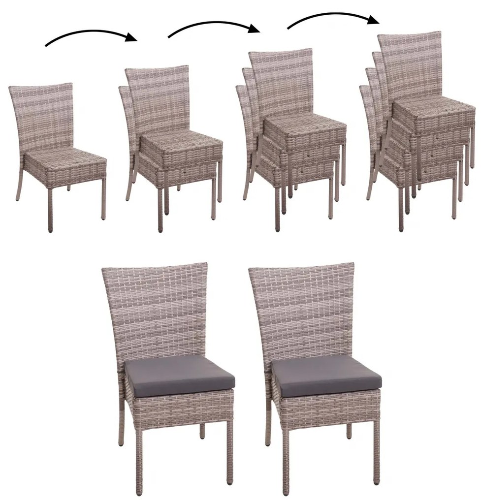 Set 2 záhradných stoličiek HWC-G19, polyratan, stohovateľná - sivo-hnedé, vankúše tmavo sivé