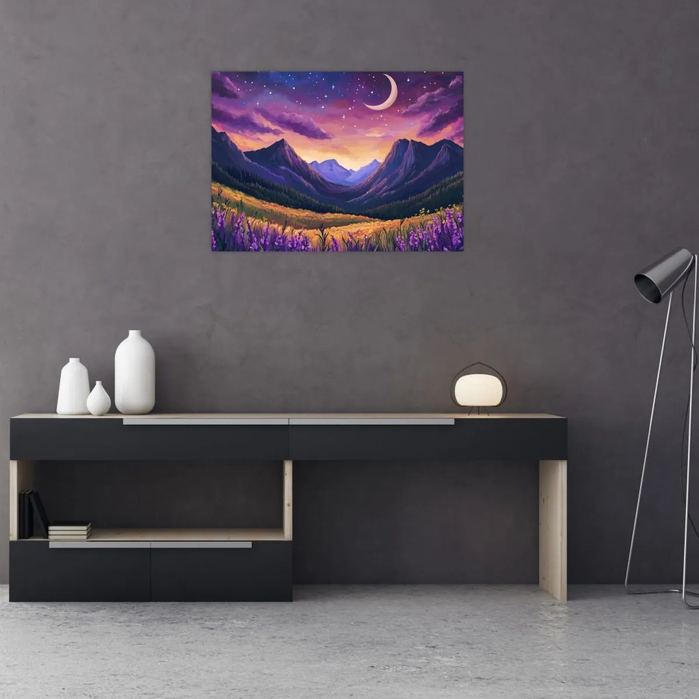 Sklenený obraz - Fialová krajina (70x50 cm)