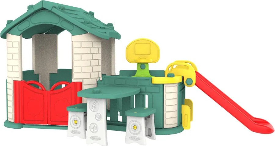 Ramiz Veľký záhradný domček 5v1 pre deti + šmýkačka + basketbalový kôš + záhrada + stôl + 2 stoličky Zelená strecha