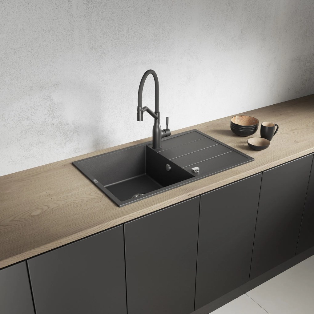 Laveo Wolin, 1-komorový granitový drez 780x480x185 mm, čierna škvrnitá, LAV-SPW_711T