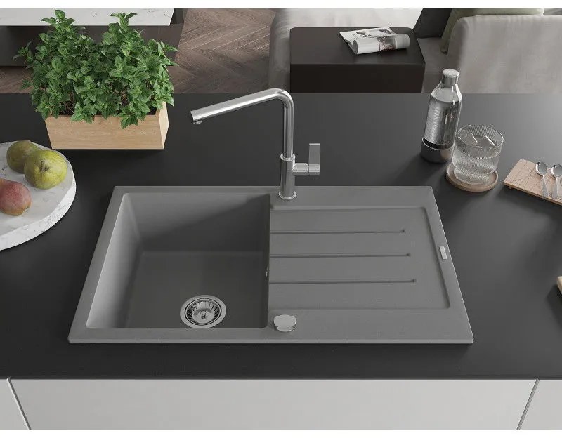 Mexen Bruno, 1-komorový granitový drez 795x495x200 mm a drezová batéria Flora, šedá, 6513-71-670401-00