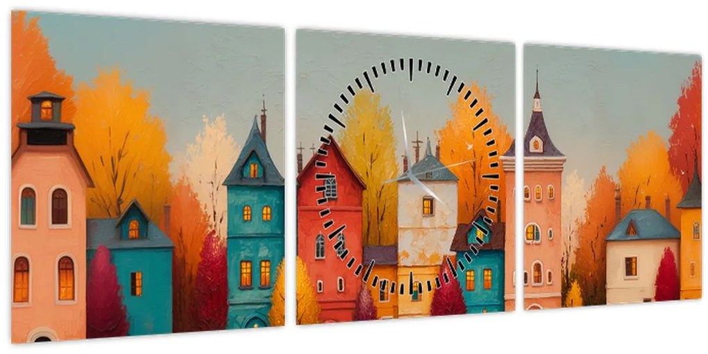 Obraz - Jesenná dedina (s hodinami) (90x30 cm)