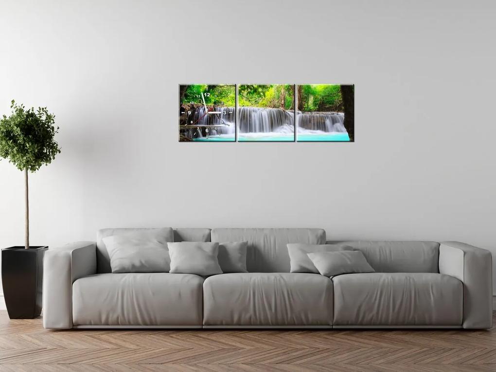 Gario Obraz s hodinami Nádherný vodopád v Thajsku - 3 dielny Rozmery: 90 x 70 cm