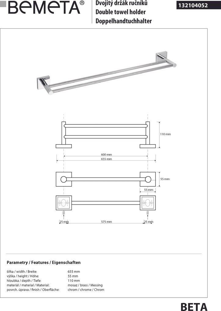 Bemeta Design BETA: Držiak uterákov, 600 mm, dvojitý - 132104052