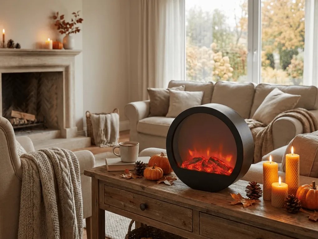 LED dekorácia okrúhly krb COZY WARM 35x34,5 cm, čierny