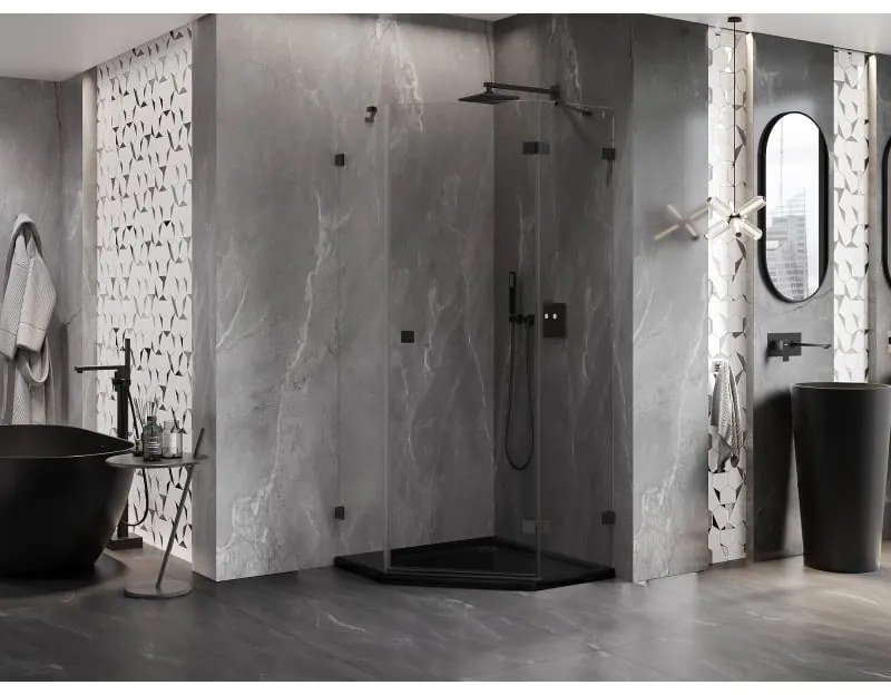 Mexen Lunar, výklopný päťuholníkový sprchový kút pravý 100 x 100 cm, 8mm číre sklo, čierny profil, 831-100P-100L-70-00-P