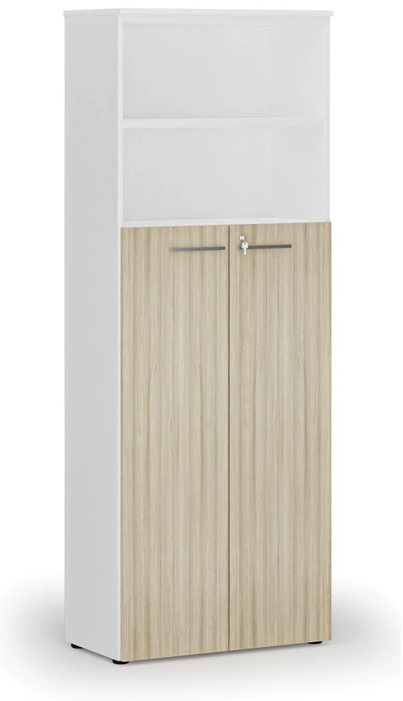 Kombinovaná kancelárska skriňa PRIMO WHITE, dvere na 4 poschodia, 800 x 420 x 2128 mm, biela/dub prírodná