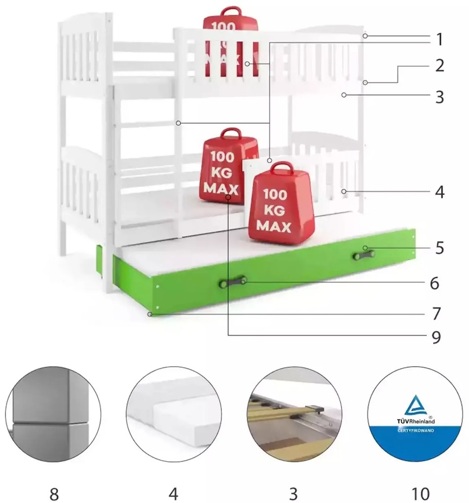 Poschodová posteľ s prístelkou KUBO 3 200x90 biela - zelená