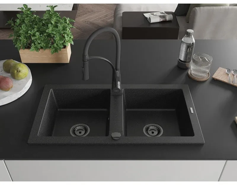 Mexen Mario, granitový drez 820x436x161 mm, 2-komorový a drezová batéria Aster, čierna-strieborná metalíza, 6504-73-73450-70-B