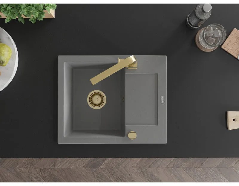 Mexen Enzo, granitový drez 576x465x174 mm, 1-komorový a zlatá batéria Rita, šedá, 6506-71-670300-50