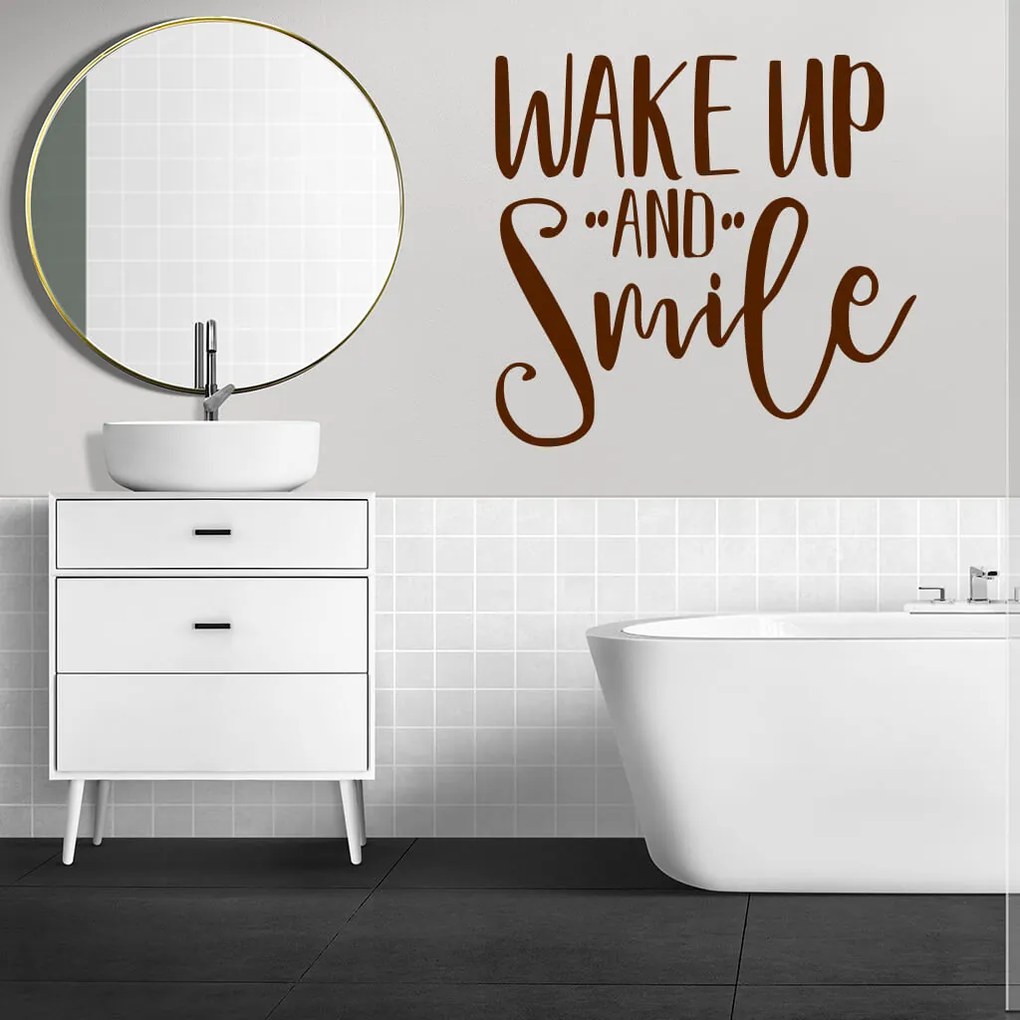 Veselá Stena Samolepka Nápis Wake up and Smile Farba: oranžová, Veľkosť: 40 x 37 cm