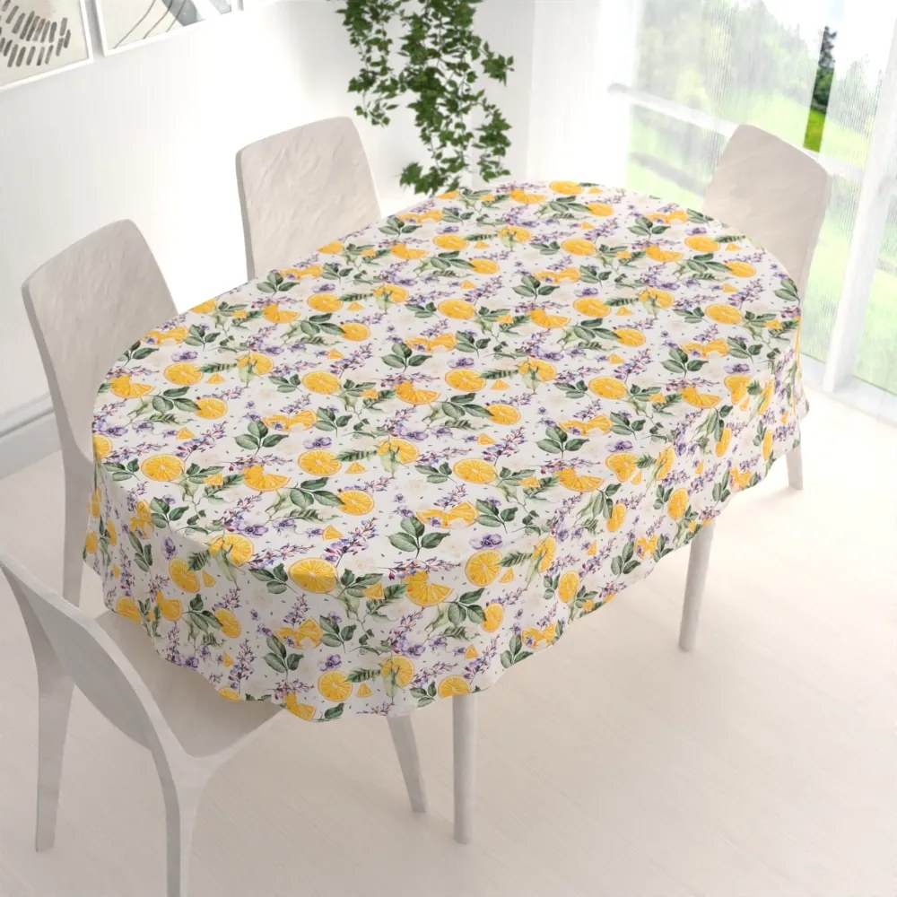 Biante Dekoračný oválny obrus PML-103 Pomaranče medzi kvetmi na bielom 140x220 cm