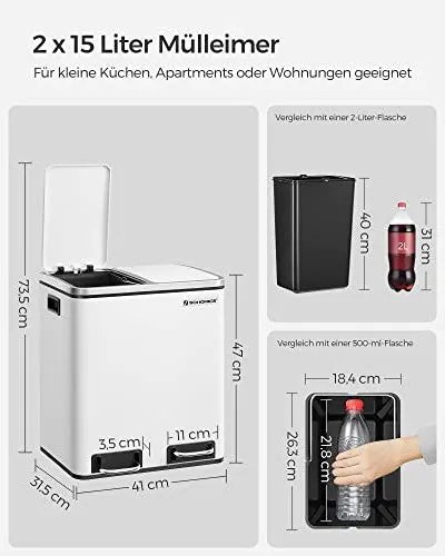 Odpadkový kôš s 2 priehradkami, 2x15 L, vzduchotesný, biely