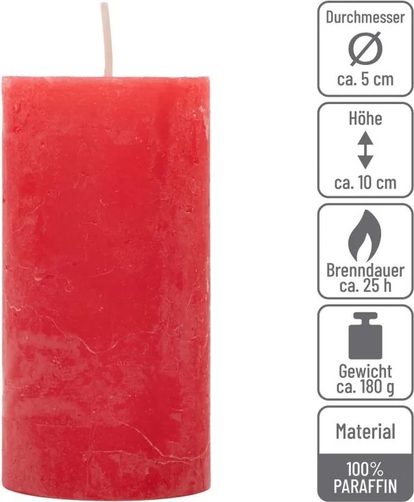 Červená parafínová sviečka, rustikálna, 10 cm, 8 ks