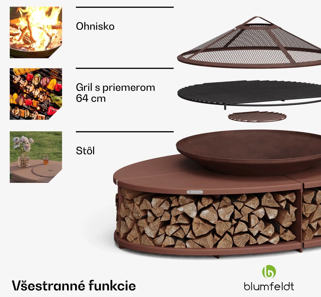 Blumfeldt Firebowl Ebeko 3 v 1, možno použiť ako gril alebo stôl, grilovací rošt + ochrana proti iskrám