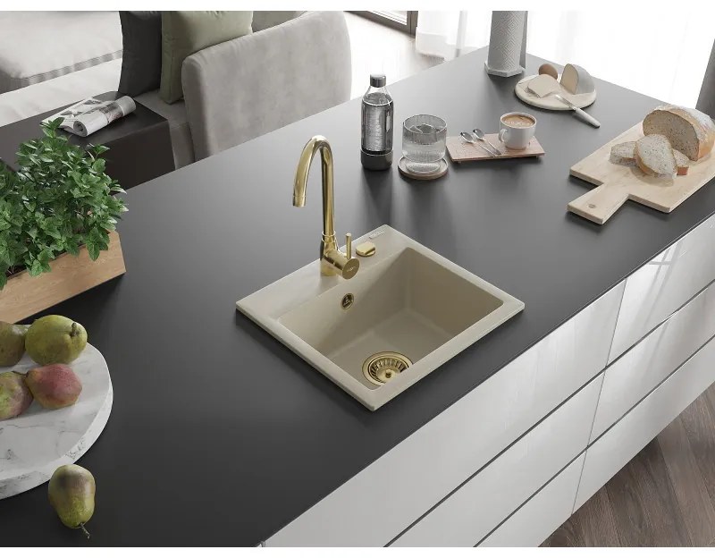 Mexen Milo, granitový drez 435x410x171 mm, 1-komorový, béžová so zlatým sifónom, 6505441000-69-G